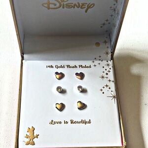 Disney 14k Gold Plated Heart Crystal Stud Earrings Set